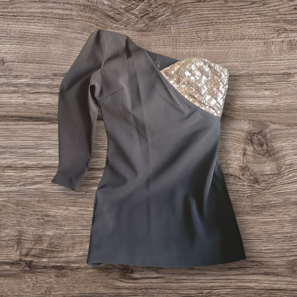 Mango One Shoulder Black Dress with Gold Accent - Picture 3 of 3